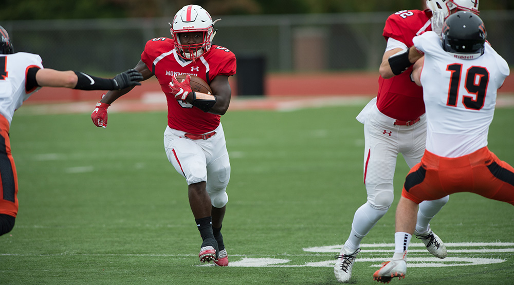 DeAndre Wright runs through a big hole in Monmouth's Week 2 win against Wartburg. (Monmouth athletics photo)